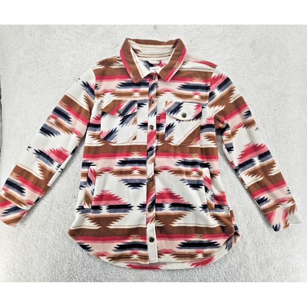 Weekends Everyday Women Large Fleece Shacket Southwestern Geometric Pink Brown